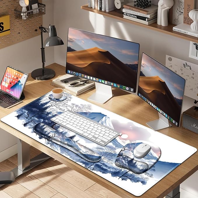 4 in 1 Large Mouse Pad Keyboard Wrist Rest Set Ergonomic Mouse Pad with Wrist Support Desk Mat with Stitched Edges Extended Desk Pad Waterproof Desk Mat for Home Office Game I Snowy Mountain Sun
