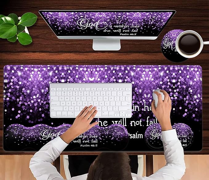 Black Gaming Mouse Pad Extended Large Mouse Pads Ergonomic Memory Foam Keyboard Wrist Rest Support &amp Non-Slip Mouse Wrist Rest for Laptop Desk Writing Pad Purple Glitter Psalm 46:5 Office Desk M