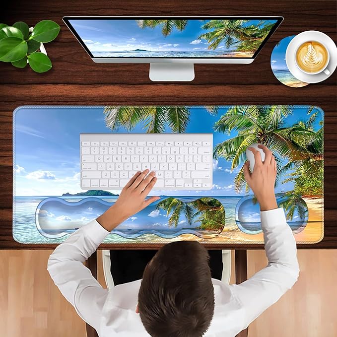 Keyboard Wrist Rest and Mouse Pad with Wrist Support Set Ergonomic CoasterMemory FoamEasy Typing Pain ReliefLarge XL Desk Mat 31.5x 11.8Shore Palms Tropical Beach