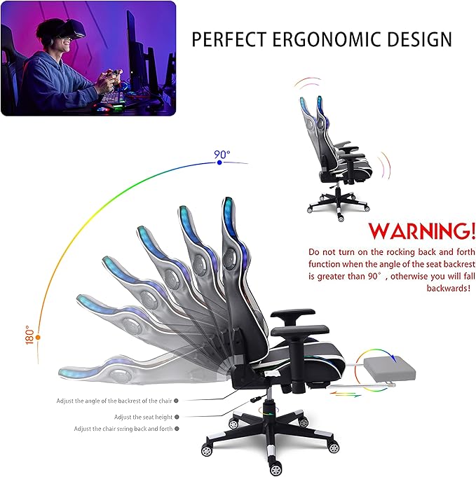 TBQATNTS 7-Point Massage Gaming Chair Video Gaming Chair with Speakers and LED/RGB Lights Ergonomic Computer Chair with Footrest and Lumbar Support 180 Degree Tilt High Back Office ChairRed