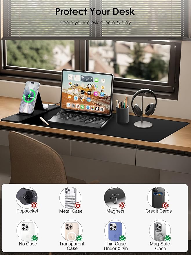 Wireless Charging Mouse Pad with Foldable Phone Holder 15W Magnetic Fast Charging for iPhone Samsung 31.5x15.75 Large Desk Mat for Laptop/Keyboard Waterproof Gaming Mousepad with Non-Slip Base