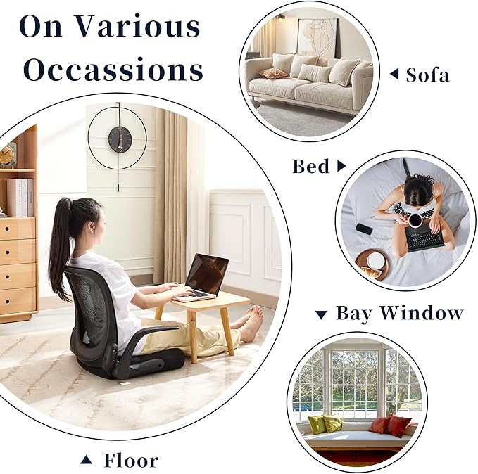 Ergonomic Floor Chair Foldable - Adjustable Armrest &amp Mesh Back Thick Cushioned Seat for Gaming Reading Meditation Multi-Use for Living Room Bed Tatami