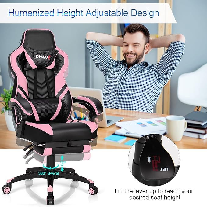 GYMAX Gaming Chair Ergonomic Computer Chair with Footrest Linkage Armrests &amp Lumbar Cushion Big Wide High Back Video Gaming Chair Reclining Office Rolling Chair for Adult/Teens (Pink)