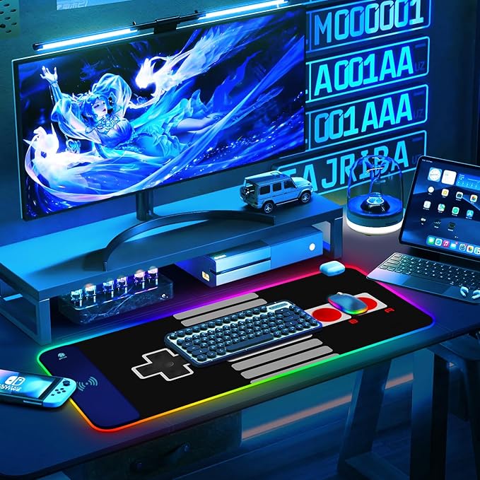 ToLuLu RGB Wireless Charging Gaming Mouse Pad 7.5/10/15W 10 Light Modes LED Mouse Pad Computer Keyboard Mat Mousepad 800x300x4MM Extended Large Big Desk Pad Desk Mat Game Console Buttons Black