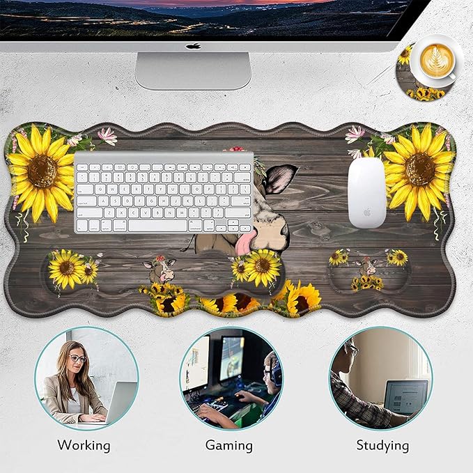 4 in 1 Desk Mat SetMouse Pad with Keyboard Wrist RestWave-Shaped DesignNon-Slip Rubber BaseWaterprooffor HomeOfficeGamingCute Cow and Sunflower
