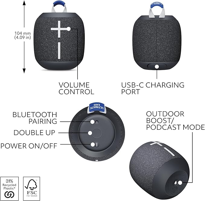 Ultimate Ears WONDERBOOM 4 Portable Waterproof Bluetooth Speaker with Big Bass and 360-Degree Sound Dustproof Floating Speaker with 131ft (40m) Range- Black