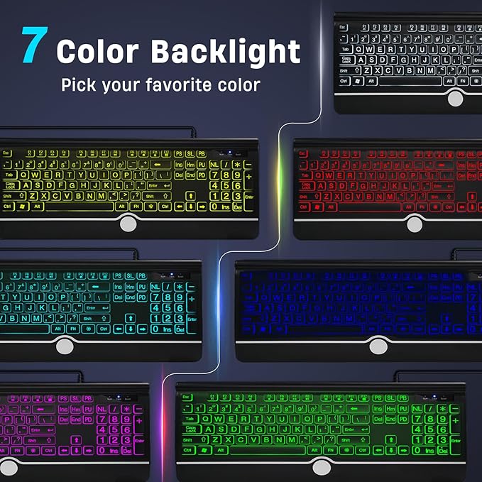 Backlit Large Print Keyboard Wired Light Up Keyboards with 7-Color Backlit Wrist Rest Oversize Letters Keys Easy to See and Type Corded Full-Size Keyboard for Windows Desktop Laptop PC Gaming