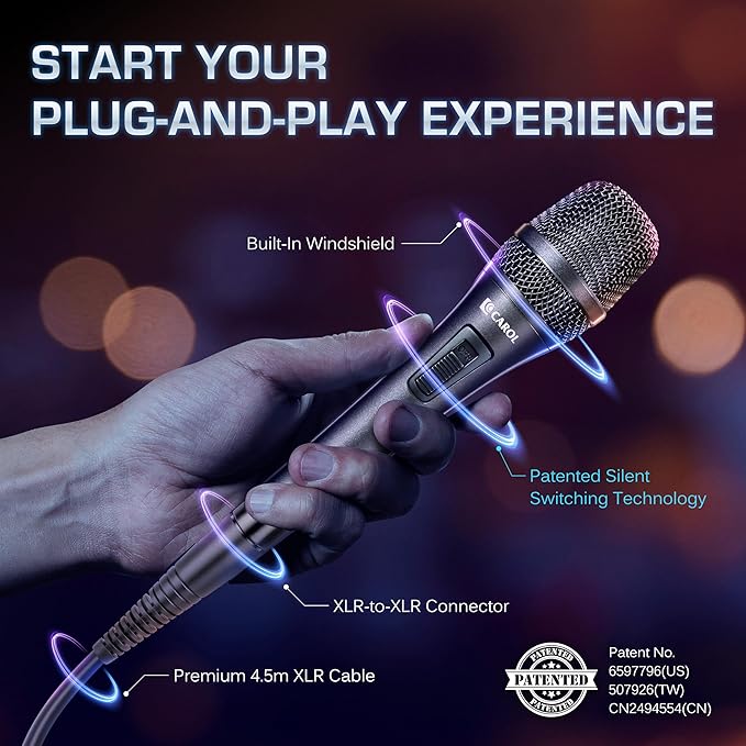 CAROL AC-910S XLR Wired Vocal Microphone – Dynamic Cardioid Mic with AHNC Dual-Engine Noise Cancelling Tech for Singing Karaoke Stage &amp Studio Includes Mic Clip 14.8ft XLR Cable &amp On/Off S