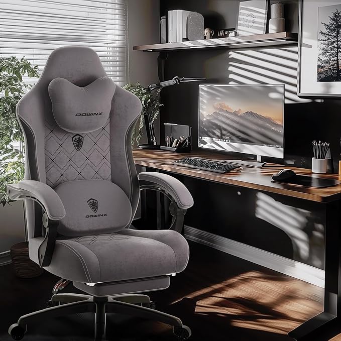 Dowinx Gaming Chair with Heated Massage Lumbar SupportBig and Tall Fabric Gaming Chairs for Adults with Footrest Ergonomic Computer Game Chair with Poket Spring Cushions 350lbs Gray