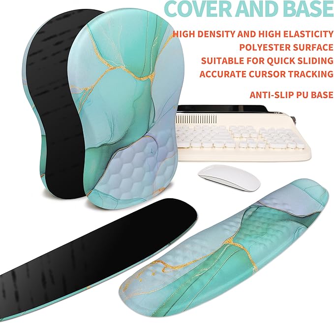2-in-1 Ergonomic Set Wave Rise Keyboard Wrist Rest and Massage Bulge Slope Mouse Pad Wrist Support Cushion Memory Foam Integrated to Relieve Wrist Pain Blue Gold Marble