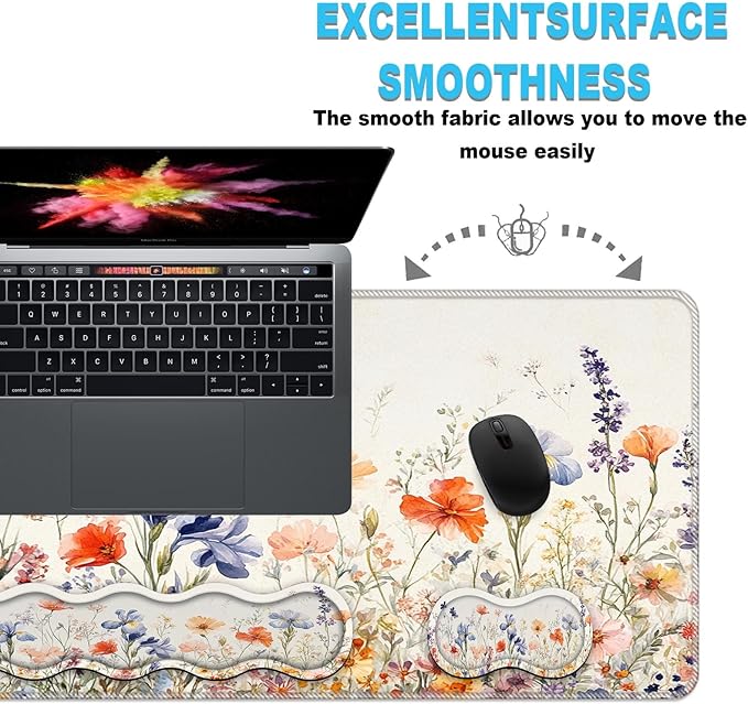 Keyboard Wrist Rest and Mouse Pad Set31.5x11.8 Inches Desk MatWaterproof Non-Slip Ergonomic Wrist Support for Pain ReliefExtended Desk Protector for Office Home GamingWildflower Pattern