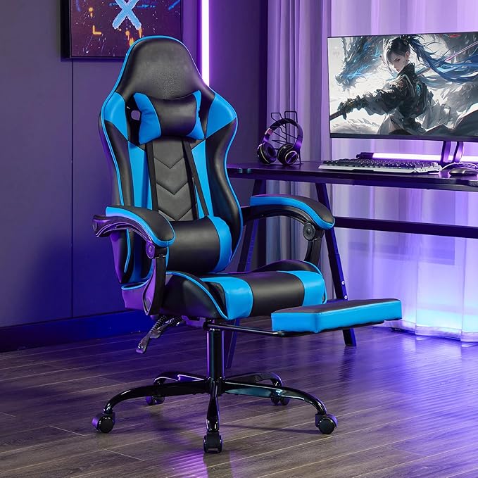 Ergonomic Gaming Chair Racing Style - High Back Gamer Chair with Footrest Adjustable Lumbar Massage Linkage Armrests &amp 90-135° Recline - Leather Computer Game Chair for Adults Black+Blue