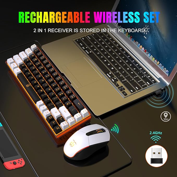 Snpurdiri 60% Wireless Gaming Keyboard and Mouse ComboOrange Backlit Rechargeable 2000mAh BatteryMini Mechanical Feel Anti-ghosting Keyboard + Popular RGB Mice for Gaming Office(Black-White)