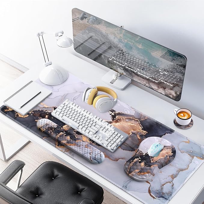 Desk Pad Mat Large Mouse Pad with Wrist Rest Ergonomic Keyboard Wrist Support XXL Carpal Tunnel Mousepad Set with Coaster Computer Keyboard Matt for Laptop Desktop White Gray Marble