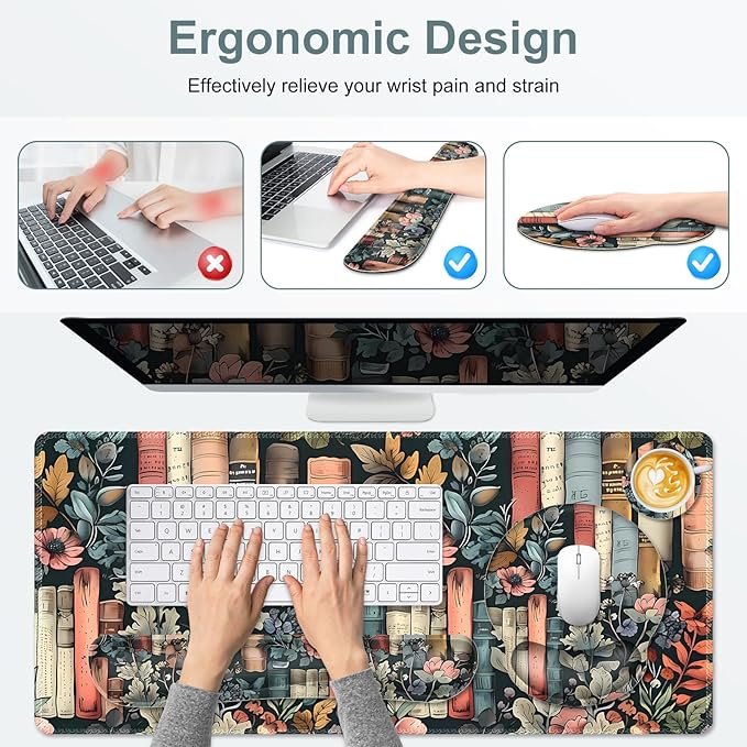 Nature Aesthetic Florals Books Mouse Pad XXL Large Desk Mat Extended Reading Desk pad 4PCS Non-Slip Rubber Base Computer Big Mousepads for Work Game Office Home Decor Accessories I Bookworm Gift