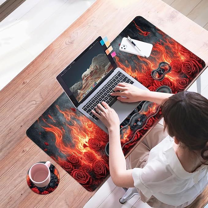 Mouse PadLarge Desk Mat Set 4in1 XL Mousepad + Keyboard Wrist Rest+Mouse Wrist Rest+Coaster with Ergonomic Desk Pad for Home Office Table Computer Cover -Wolf with Roses and Flames