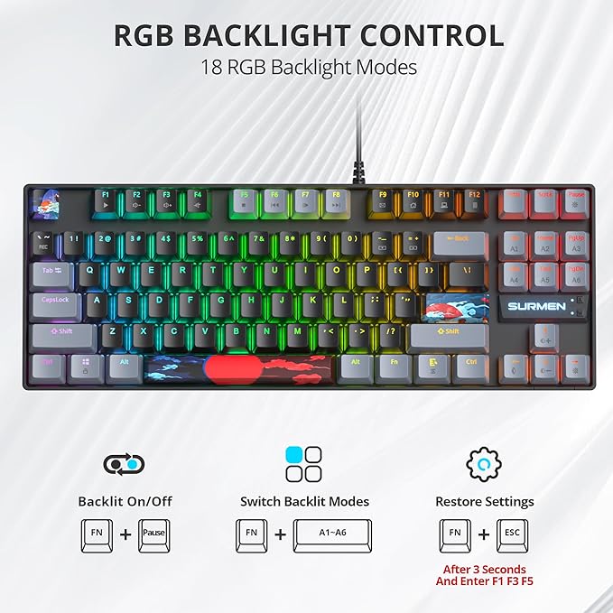75% Mechanical Gaming Keyboard with Red Switch RGB LED Backlit Keyboard Black 87 Keys Compact TKL Wired Computer Keyboard for Windows Laptop PC Gamer (87 Dark)