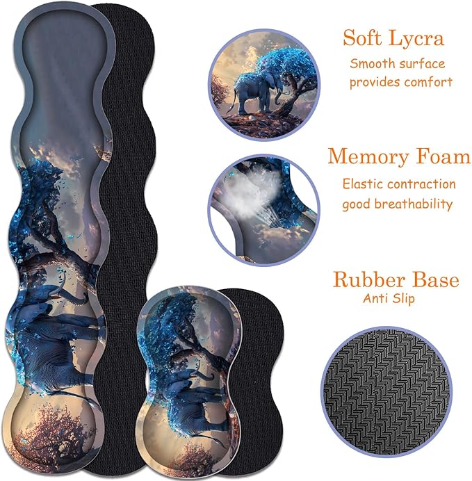 Large Gaming Mouse Pad + Keyboard Wrist Rest + Wrist Support + Coaster Set Memory Foam Ergonomic for Easy Typing XXL Extended Gaming Mouse Pad Table Pad - Blue Leaves and Elephants