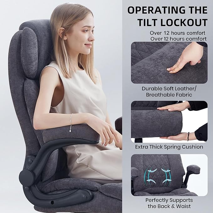 500lbs Big and Tall Office Chair Adjustable Lumbar Support for Back Pain Extra Wide Seat Executive Office Chair Thick Armrest Pad Heavy Duty Base&ampUpgraded Wheels Ergonomic Comfy Computer Desk C
