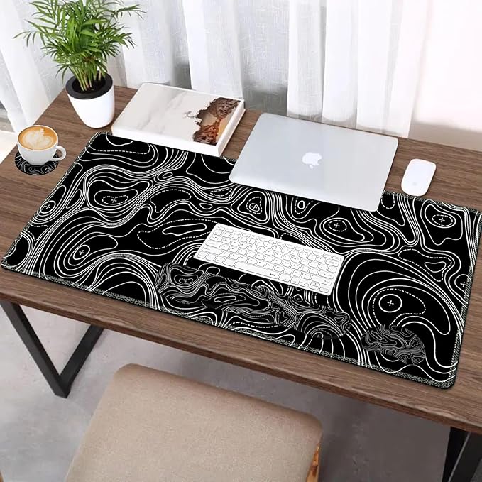 AIMSA Keyboard Mouse Pad Set Large Gaming Mouse Pad +Wrist Rest Mouse Pad +Keyboard Wrist Support +Coaster 35x15.7 inch Extended Desk Mat for Easy Typing Pain Relief (Black Topographic)