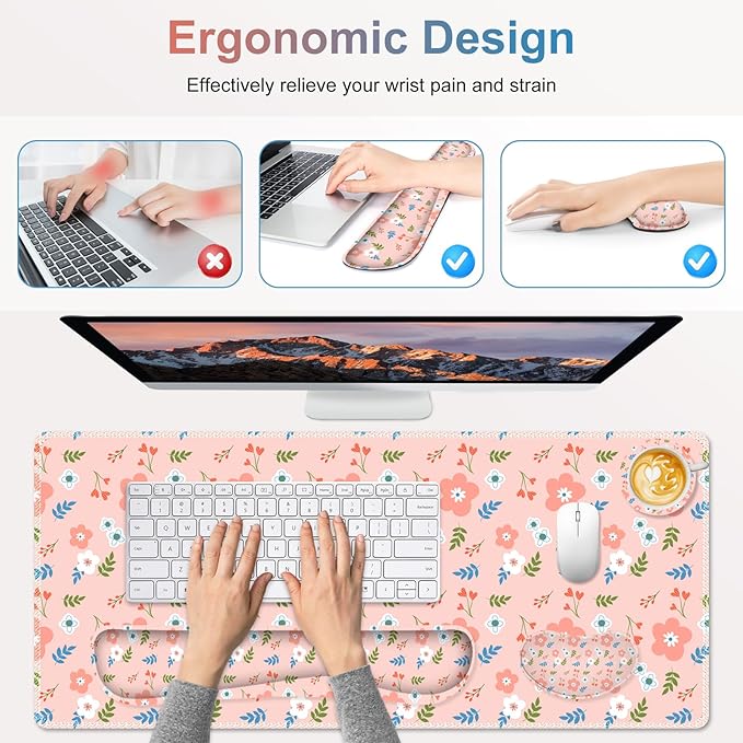 Large Gaming Mouse Pad Set 4 in1 Ergonomics Keyboard Desk Mat with Memory Foam Wrist Rest Computer Extended Game Mousepad Non-Slip Desk Pad Matt Easy Typing Pain Relief I Retro Pastel Style