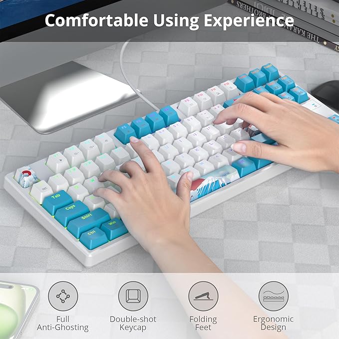 75% Mechanical Gaming Keyboard with Red Switch RGB LED Backlit Keyboard White and Blue 87 Keys Compact TKL Wired Computer Keyboard for Windows Laptop PC Gamer (87 Sea)