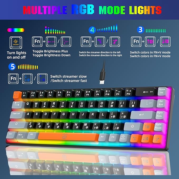Snpurdiri 60% Percent Gaming Keyboard Compact RGB Backlit Small Gaming Keyboard for Windows PC Laptop (68 Keys Black-Grey-Orange)