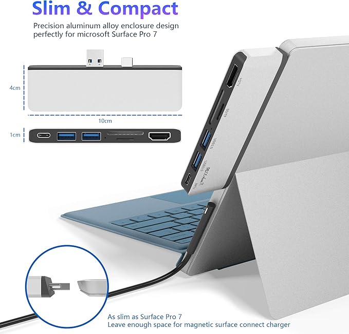 Surface Pro 7 USB C Hub 6-in-2 Aluminum Surface Pro 2019 Dock with 4K HDMI Adapter+ USB C Audio &amp Data Transfer Port +2 USB 3.0+SD/TF Card Reader Converter Combo Adaptor for Surface Pro 7