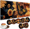 Large Gaming Mouse Pad + Keyboard Wrist Rest + Wrist Support + Coaster Set Memory Foam Ergonomic for Easy Typing XXL Extended Gaming Mouse Pad Table Pad - Sunflower and Butterfly