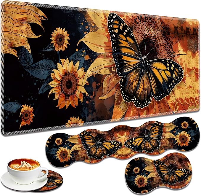 Large Gaming Mouse Pad + Keyboard Wrist Rest + Wrist Support + Coaster Set Memory Foam Ergonomic for Easy Typing XXL Extended Gaming Mouse Pad Table Pad - Sunflower and Butterfly
