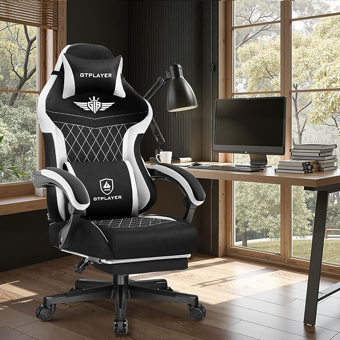 GTPLAYER Gaming Chair with Footrest Big and Tall Game Chair High Back Computer Office Chair with Lumbar Support for Adults Ergonomic Swivel Games Chair with Cushion Gaming Fabric Black