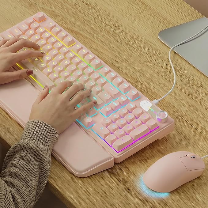 C98 Wired Keyboard and Mouse Combo Wired Computer Keyboards with Wrist Palm Double-Shot Keycaps Silent RGB Backlight Keyboard for Windows/MAC/PC (Creamy Pink)