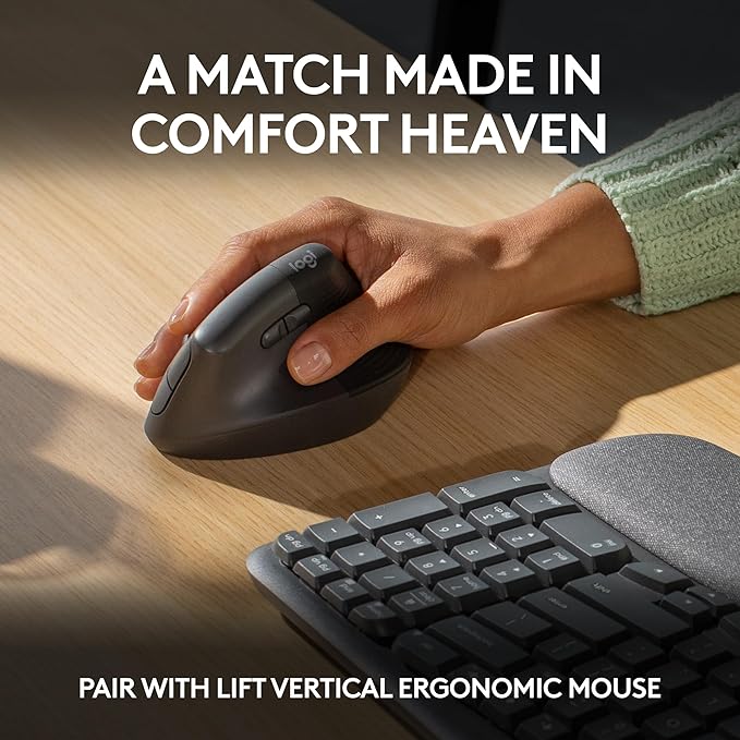 Logitech Wave Keys Wireless Ergonomic Keyboard with Cushioned Palm Rest Comfortable Natural Typing Easy-Switch Bluetooth Logi Bolt Receiver for Multi-OS Windows/Mac - Graphite