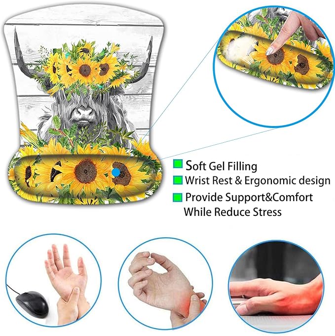 Wireless Mouse Pad with Wrist Support Ergonomic Gel Mouse Pad Soft Memory Foam Keyboard Wrist Pad for Office Typing Desk Pad Cute Highland Cow and Sunflowers White MousePads
