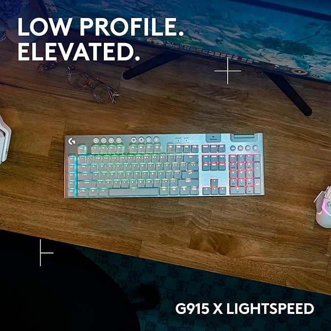 Logitech G915 X Lightspeed Low-Profile Wireless Gaming Keyboard Double-Shot PBT Keycaps Fully Programmable Keys RGB Backlighting Sleek Aluminum Finishing GL Brown Tactile Switches-PC/Mac - White