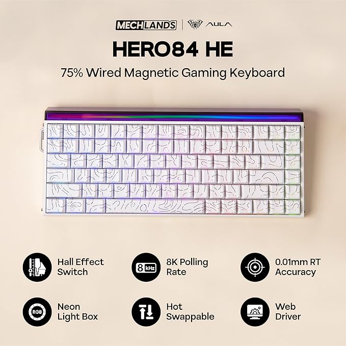 MechLands Aula Hero84 HE Wired Magnetic Gaming Keyboard Rapid Hall Effect Keyboard with 0.01mm Adjustable Actuation 8kHz Polling 5-Layer Sound Dampening RGB Lightbox &amp Backlit (White)