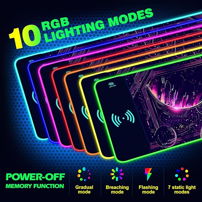 AIMSA Wireless Charging15W Wireless Fast Charging with Mouse Pad Large Keyboard RGB Mouse Pad with 14 LED Light Modes Non-Slip Desk Pad Purple Planet