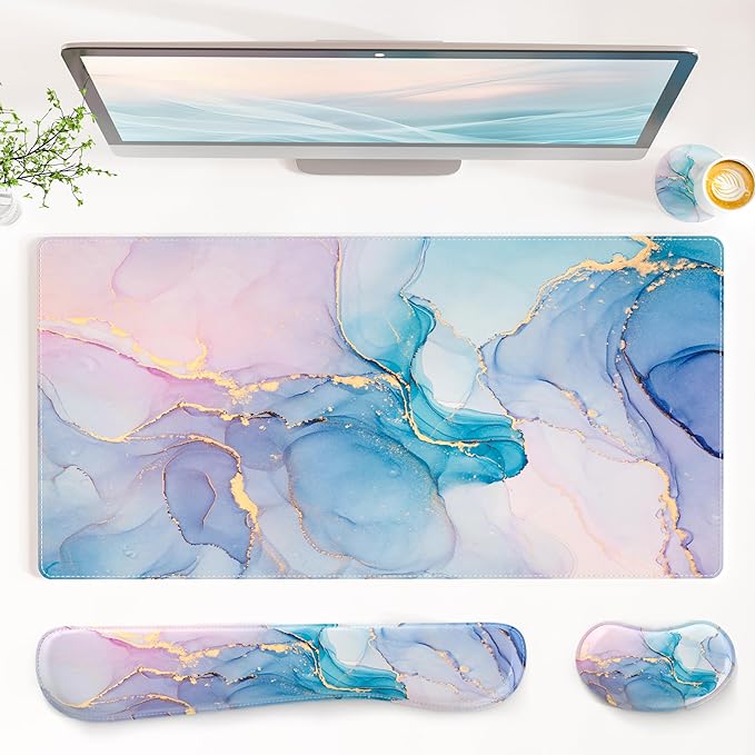 QIYI Leather Desk Mat Set 4-in-1 Large Mouse Pad with Wrist Rest Non-Slip Desk Pad + Keyboard Wrist Rest + Mouse Wrist Support + Coaster Office Desk Accessories Home Decor Supplies Blue Pink Fluid