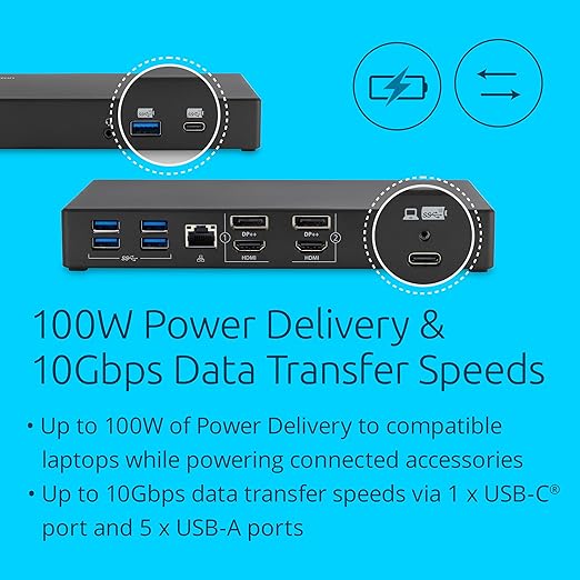 Kensington SD4781P USB-C &amp USB-A DisplayLink Docking Station Dual 4K Display 2xHDMI 2xDisplayPort with 100W Power Delivery for Mac M1/M2/M3/M4 Windows and Chrome (K33603NA)
