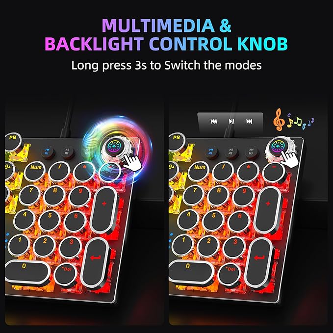K968 Retro Typewriter Mechanical Gaming Keyboard - RGB Backlit Wired with Blue Switches Media Control Knob for PC
