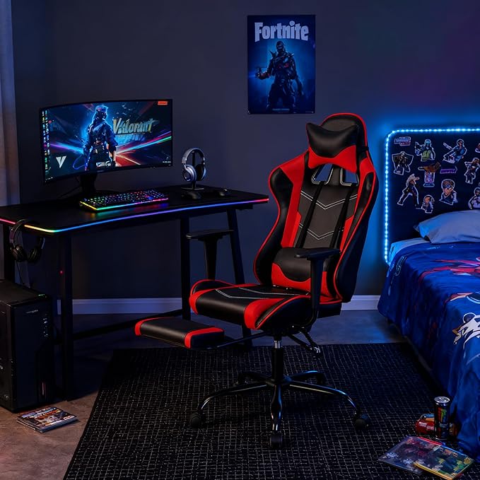 Gaming Chair Computer Chair Ergonomic Gaming Chair with Footrest Reclining High Back Video Game Chair with Lumbar Support Headrest Armrest Swivel Seat for Women Men (Red)