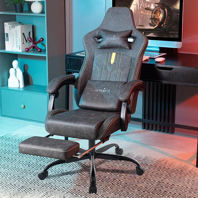 Gaming Chair with Footrest Ergonomic Computer Chair Massage Lumbar Cushion Racing Video Game Chair Adjustable Rocker Recliner Executive Office Desk Chair Pu Leather for Adults
