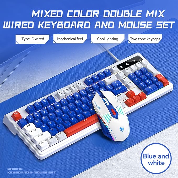 Wired Gaming Keyboard and MouseRainbow LED Mechanical Feeling Gaming Keyboard and 3600DPI Mouse Combo with 19-Keys Anti-Ghosting 98keys Compact StylePlug &amp Play to PCLaptopWindows-Blue and Wh