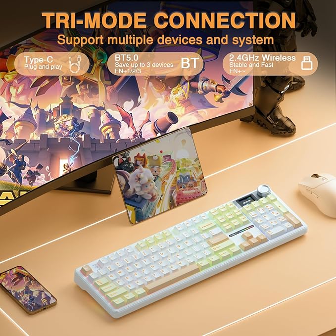 AULA F108 PRO - Wireless Mechanical Keyboard with Screen&ampKnobHot Swappable Gaming Keyboard with 8000mAh BatteryPre-lubed SwitchesRGB BacklitPBT Keycaps Creamy Sounding Computer Keyboards104 K