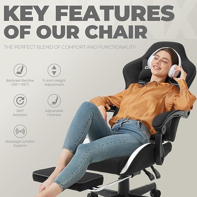 Dowinx Gaming Chair Fabric with Pocket Spring Cushion Massage Game Chair Cloth with Headrest Ergonomic Computer Chair with Footrest 290LBS Black White