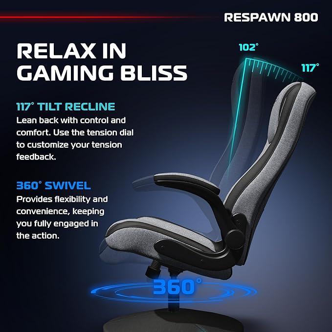 RESPAWN 800 Swivel Rocker Gaming Chair - Ergonomic Floor Gaming Seat with Lumbar Support Flip Up Armrest High Back Pedestal Base Comfortable No Wheels Console Video Game Rocker Chair - Gray Fabric