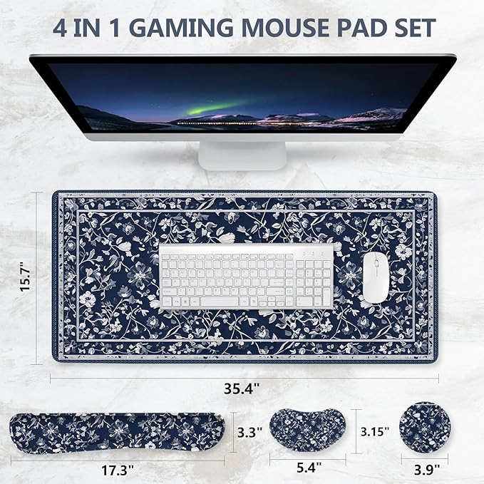 DINKY Mousepad with Wrist Rest Desk Pad for Keyboard and Mouse Ergonomic Mouse Pad Set Keyboard Wrist Rest with Coaster Desk Mat Set for Office Home Blue Art Leaf
