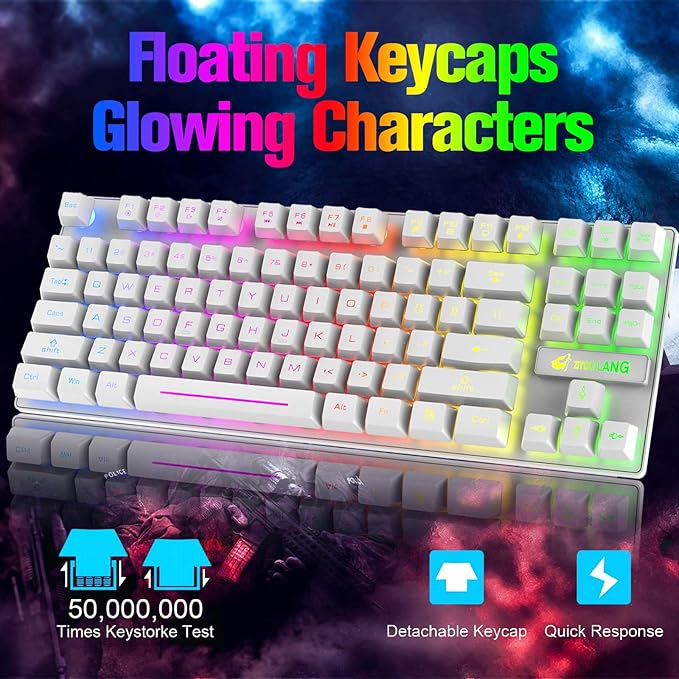 LexonElec Wireless RGB Backlit Gaming Keyboard Mouse ComboRechargeable 3800mAh Battery 87-Key Mechanical Feel Keyboard Quiet Mouse and Mouse Pad for Gamers and Office Typists(White)