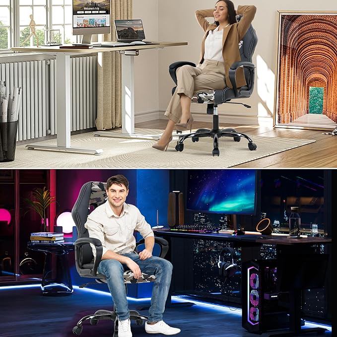 MKDLUFEI Video Game ChairErgonomic Office Chair Desk Chair and Lumbar Support PU Leather Recliner with HeadrestHeight Adjustable Computer Chair for Adults (CAMO)