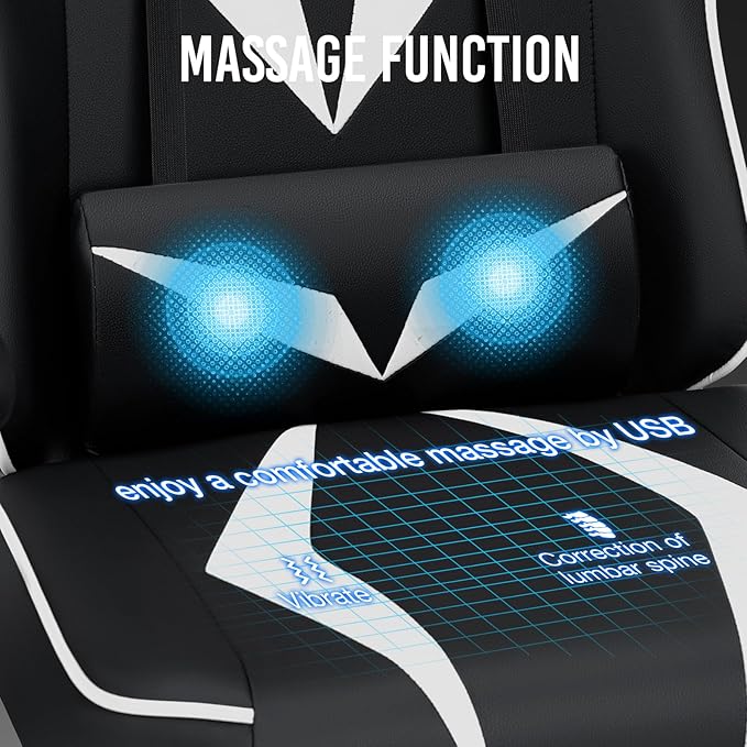 Gaming Chair with Massage Pocket Spring Cushion 155° Reclining Gaming Chair with Footrest and Adjustable Armrests Ergonomic Video Game Chairs White and Black